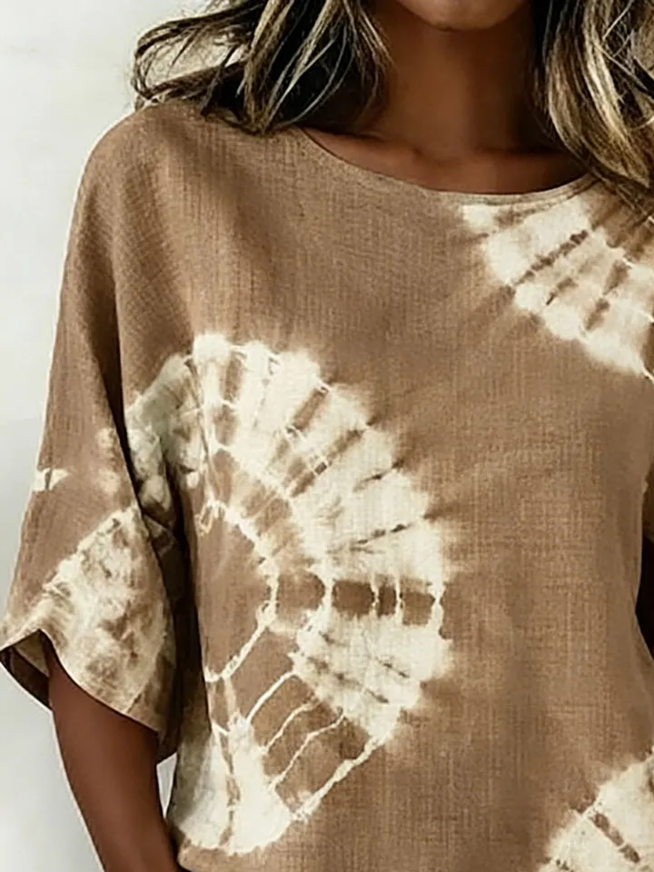 Vintage Crew Neck Half Sleeve Abstract Printing Regular Micro-Elasticity Regular Fit Blouse For Women