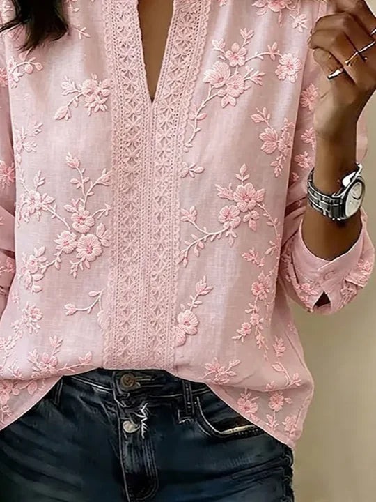Vintage V Neck Long Sleeve Floral Printing Regular Micro-Elasticity Regular Fit Blouse For Women
