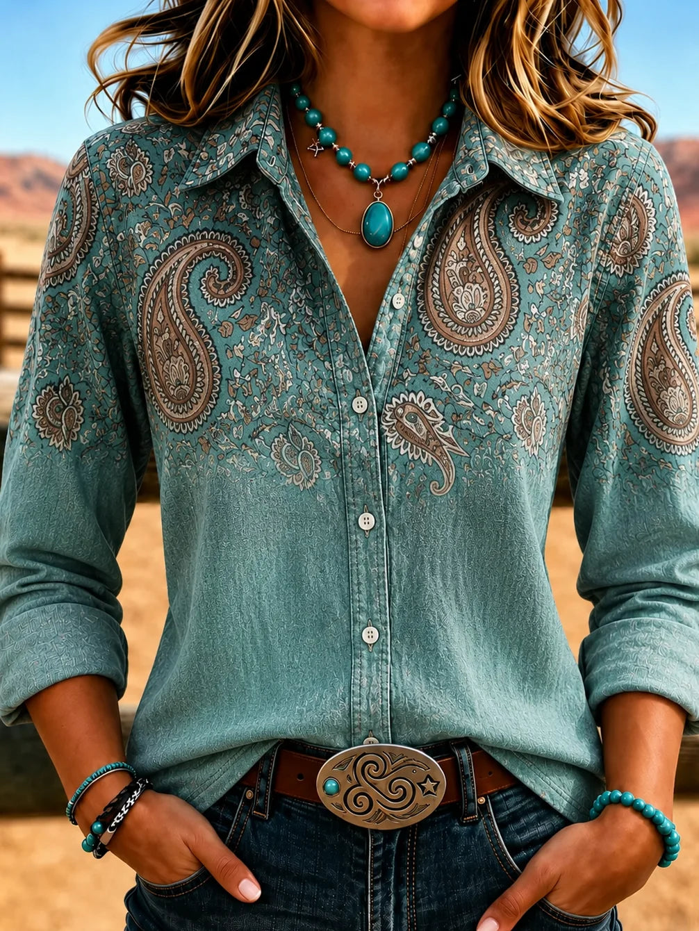 Women Plain Vintage Shirt Shirt Collar Long Sleeve Printing Top