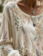 Elegant Women Floral Casual Blouse Crew Neck Long Sleeve Printing Top