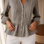 Pintuck Peplum Button Long Sleeve Blouse