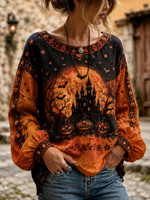 Women Halloween Casual Blouse Crew Neck Long Sleeve Printing Top