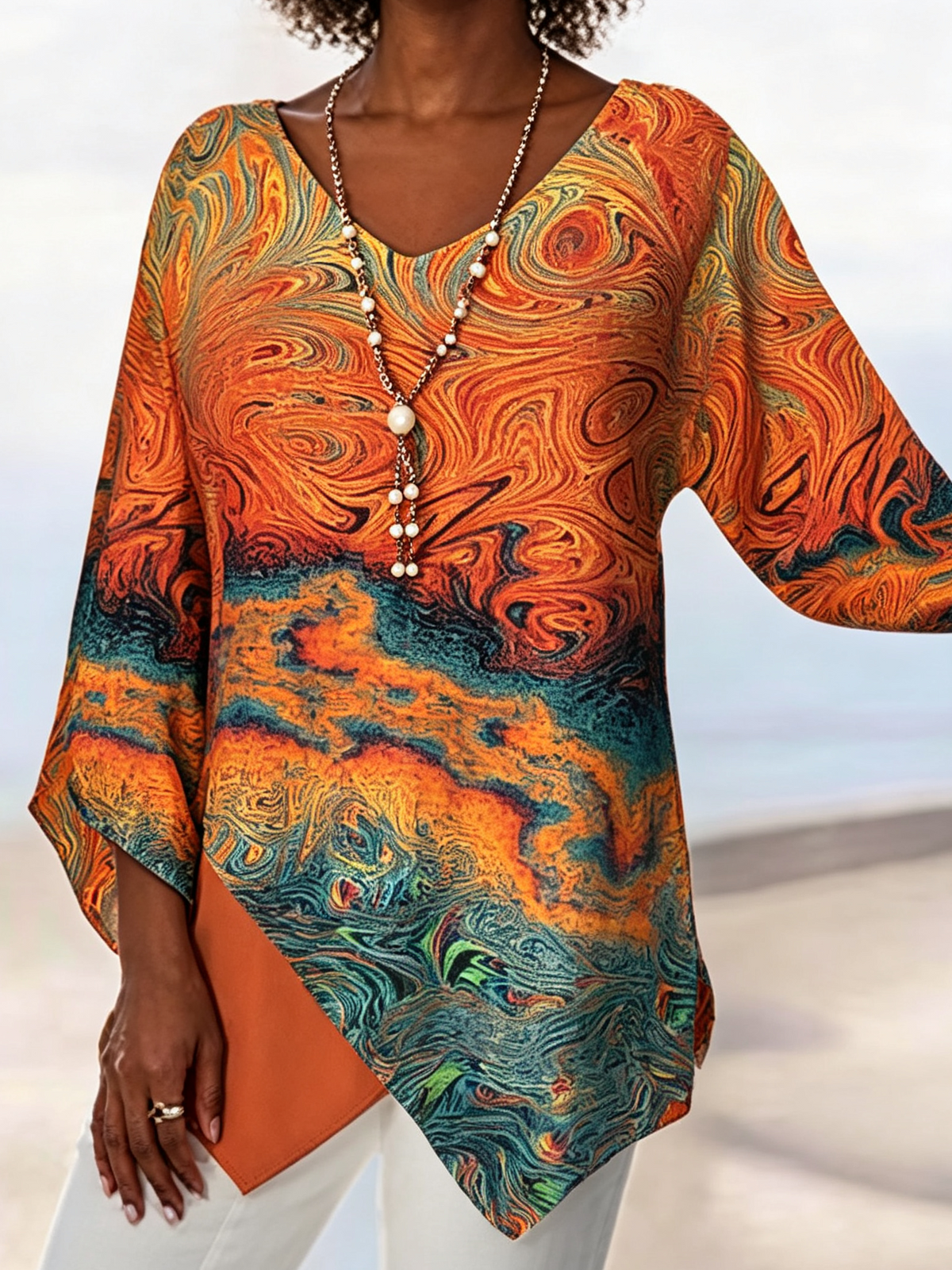 Women Abstract Vintage Blouse V Neck Long Sleeve Top