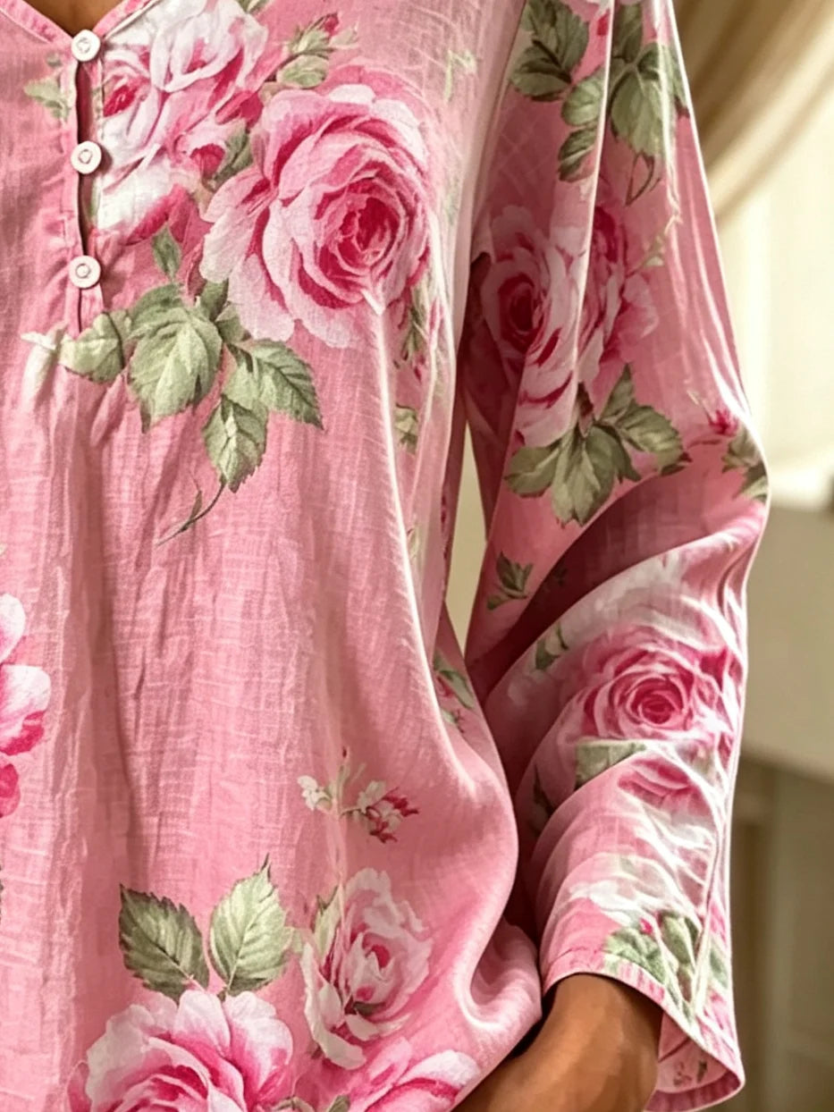 Vintage Floral V Neck Long Sleeve T-shirt