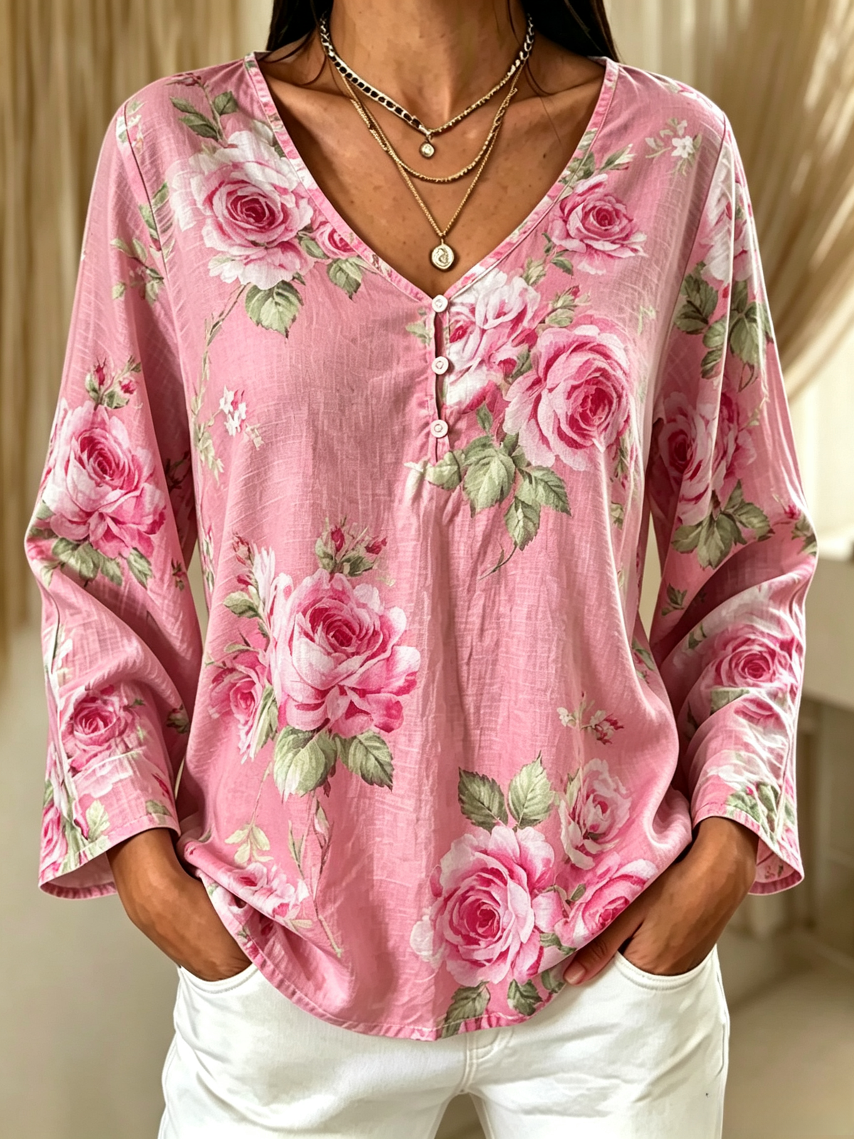 Vintage Floral V Neck Long Sleeve T-shirt