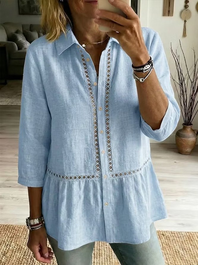 Women Plain Casual Shirt Shawl Collar Long Sleeve Top