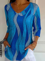 Casual Abstract V Neck Three Quarter Sleeve T-shirt