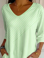 Casual Striped V Neck Three Quarter Sleeve T-shirt
