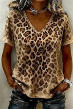 Vintage Leopard V Neck Short Sleeve T-shirt