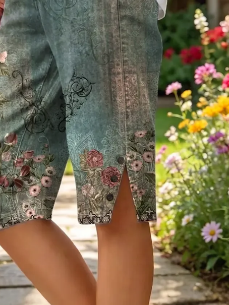 Vintage Floral Natural Printing Straight Pants Shorts