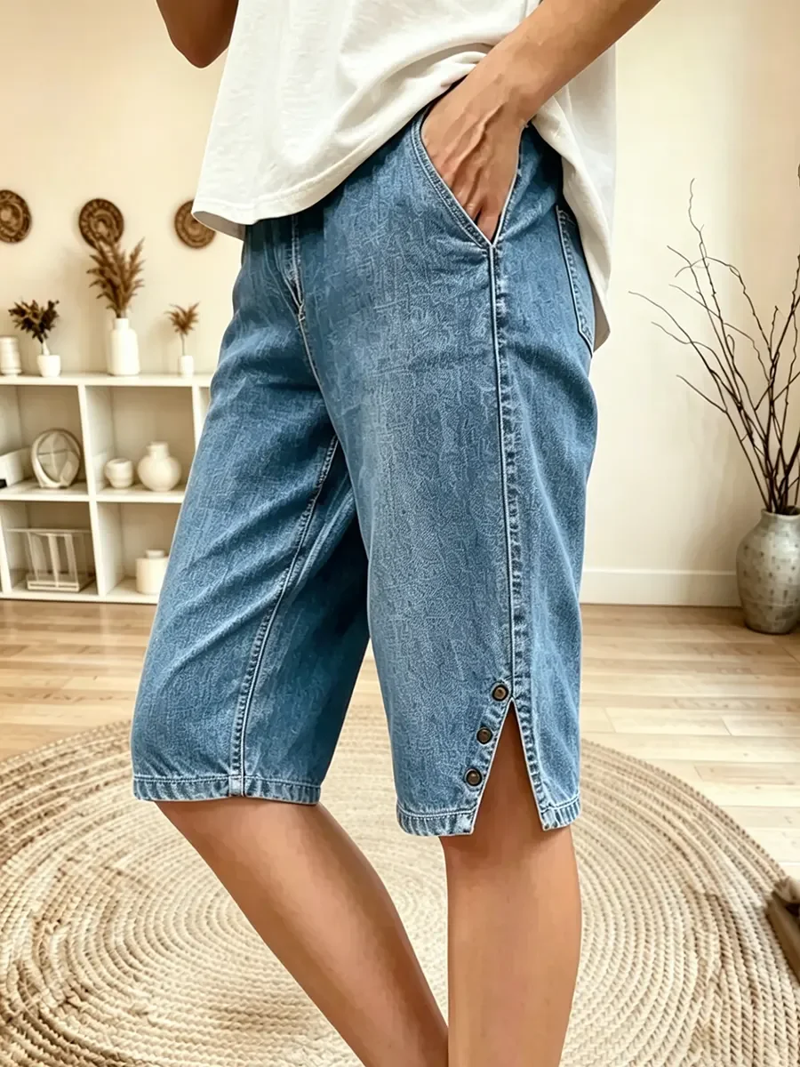 Vintage Plain Natural Printing Straight Pants Shorts
