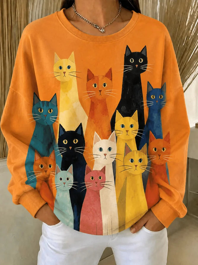 Casual Simple Cat Crew Neck Long Sleeve Sweatshirt