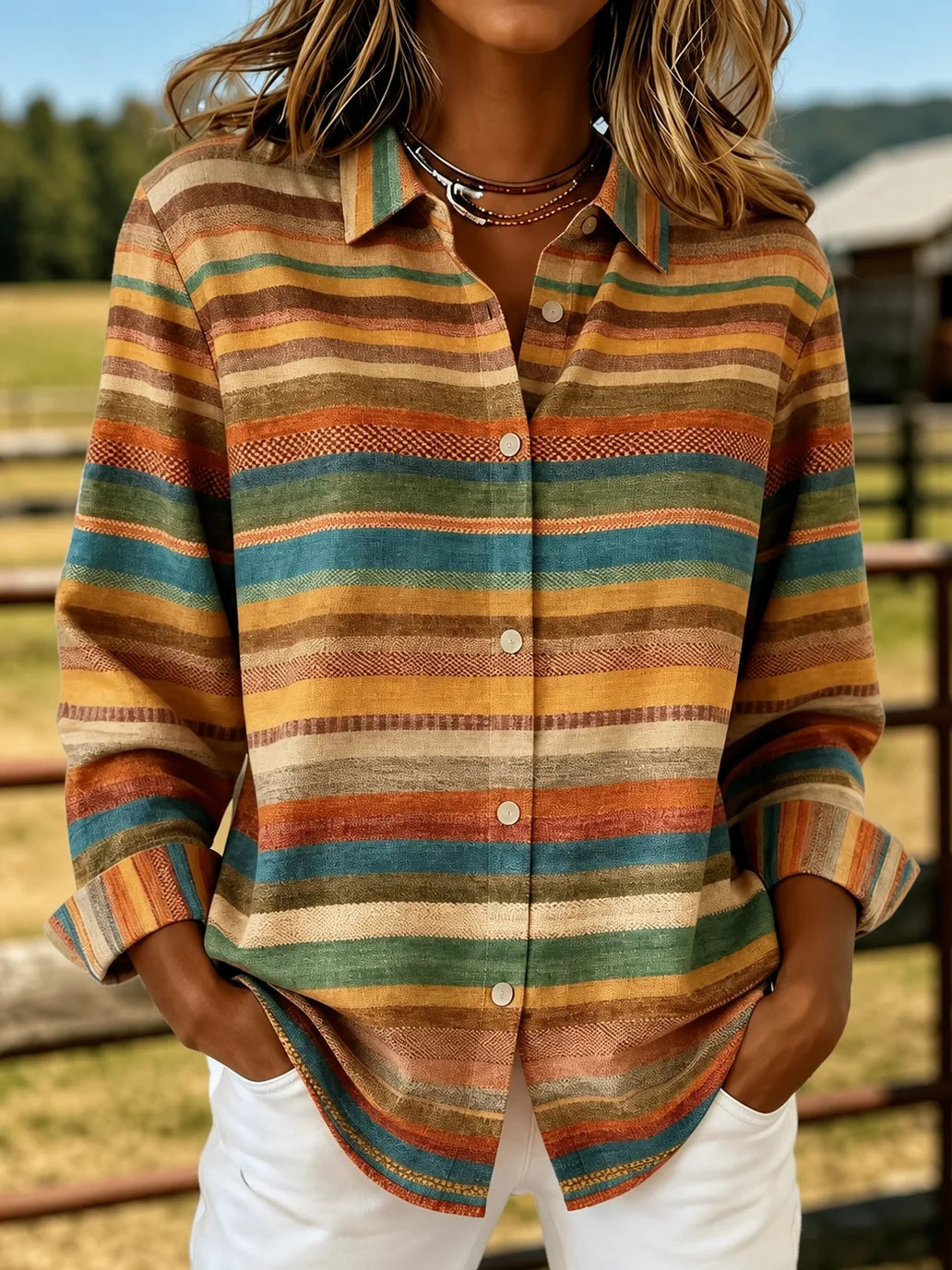 Women Casual Abstract Stripes Vintage Shirt Shirt Collar Long Sleeve Printing Top