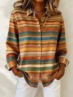 Women Casual Abstract Stripes Vintage Shirt Shirt Collar Long Sleeve Printing Top