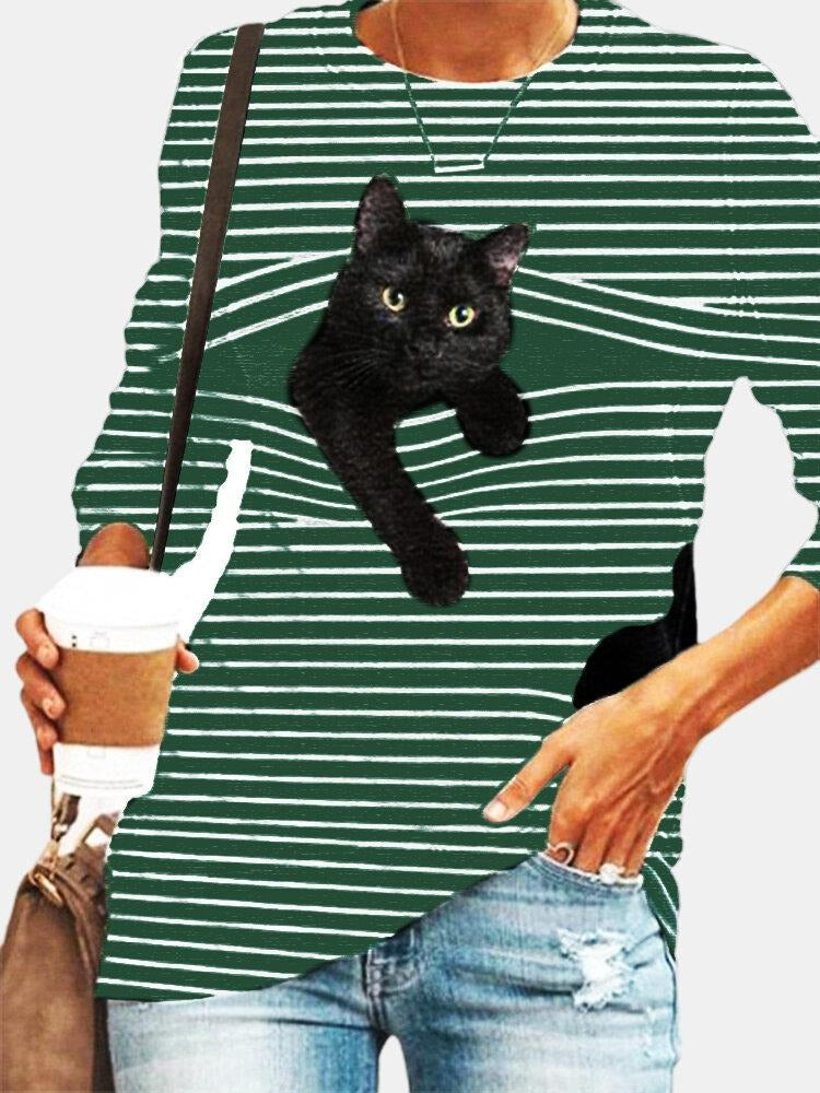 Stripe & Cat Print Long Sleeve Round Neck Slight Stretch T-shirt