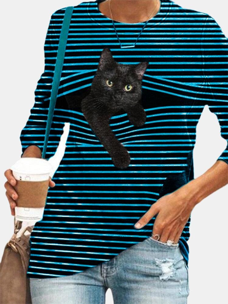 Stripe & Cat Print Long Sleeve Round Neck Slight Stretch T-shirt