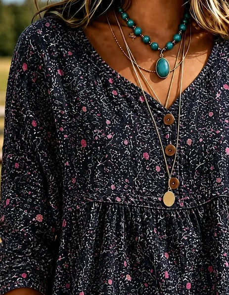 Women Ditsy Floral Vintage Blouse V Neck Three Quarter Sleeve Top