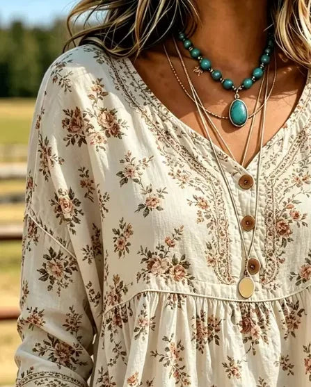 Women Floral Vintage Blouse V Neck Three Quarter Sleeve Top