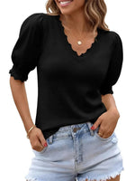 Women's Versatile Puff Sleeve Ruffle Trim Knit Blouse