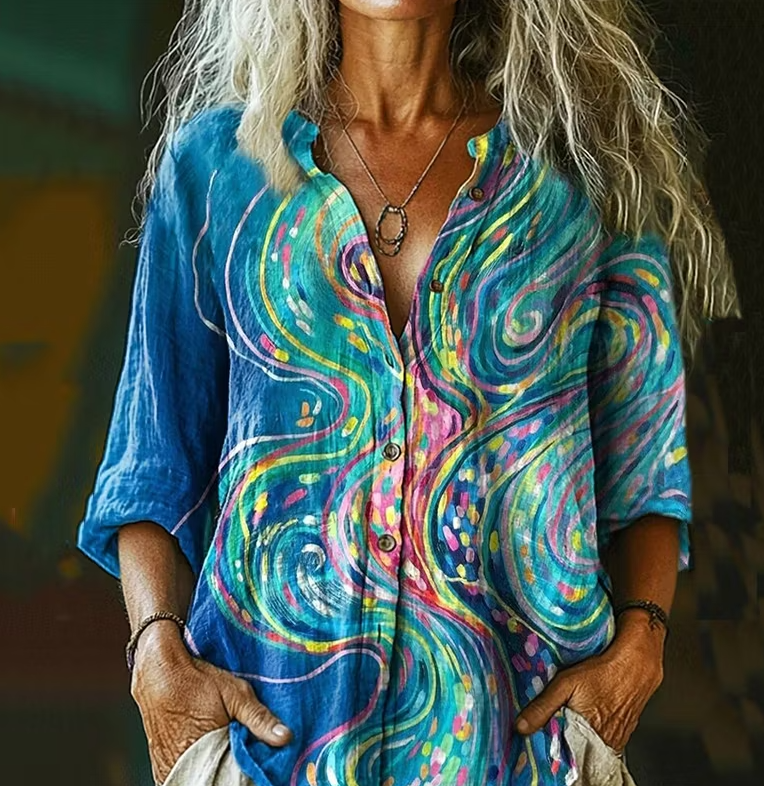 Women's Abstract Line Art Print Cotton And Linen Shirt