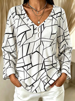 Women Abstract Long Sleeve Tee T-shirt V Neck Casual Spring/Fall Top