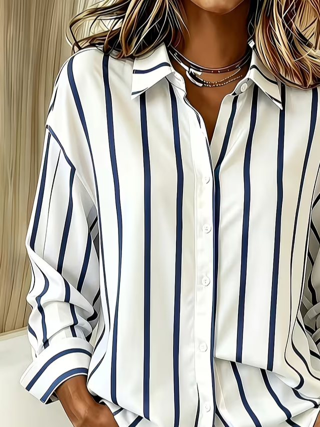 Women Striped Casual Shirt Shirt Collar Long Sleeve Buckle Top