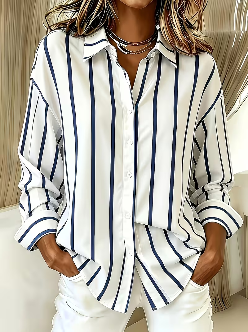 Women Striped Casual Shirt Shirt Collar Long Sleeve Buckle Top
