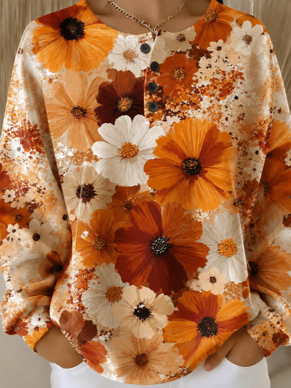 Casual Daily Floral Henley Collar Long Sleeve Sweatshirt