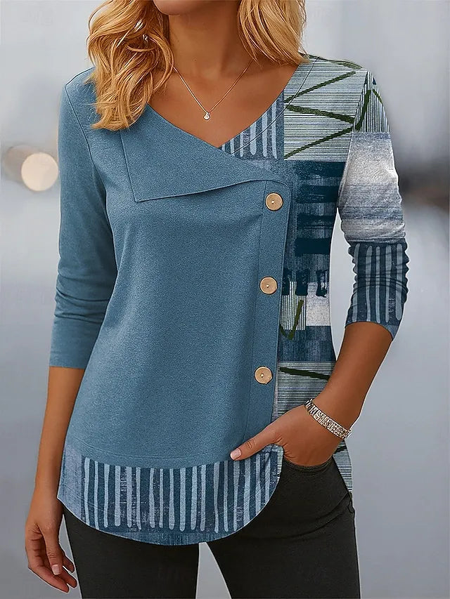 Women's Long Sleeve T-shirt Spring/Fall Blue Abstract Printing V Neck Daily Going Out Casual Top