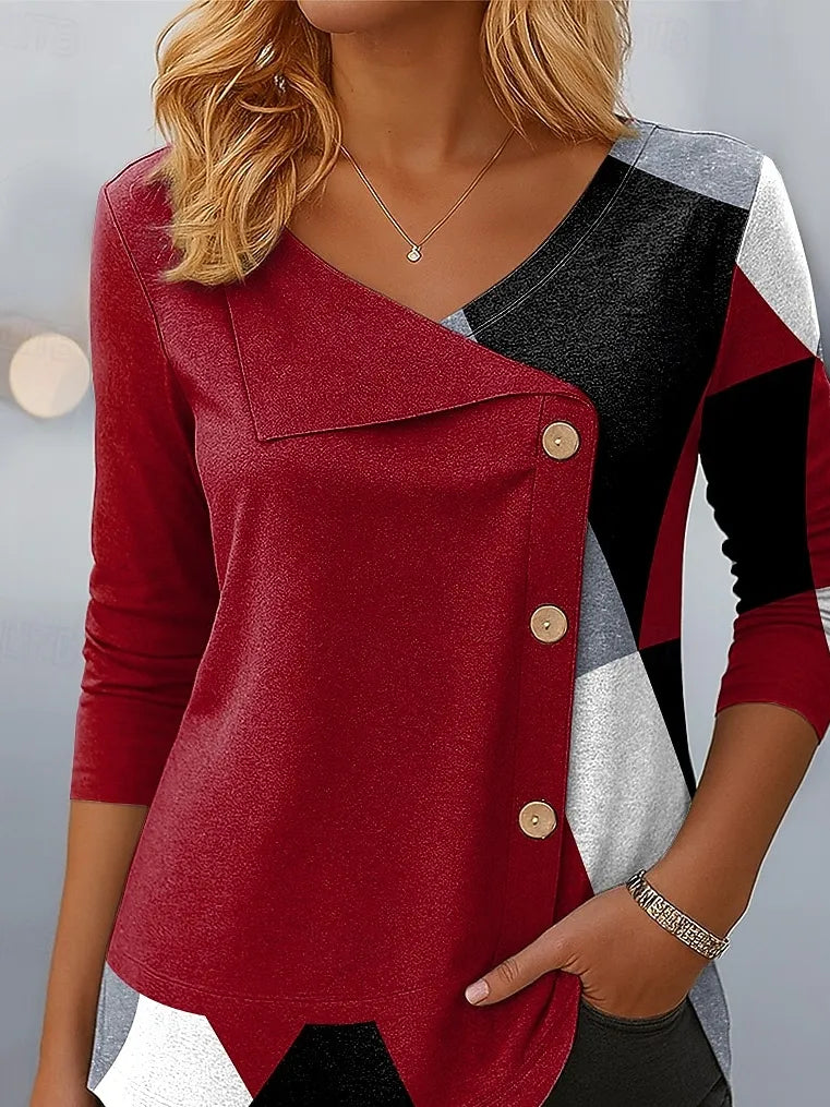 Women's Long Sleeve T-shirt Spring/Fall Red Abstract Printing V Neck Daily Going Out Casual Top