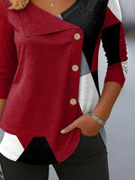 Women's Long Sleeve T-shirt Spring/Fall Red Abstract Printing V Neck Daily Going Out Casual Top