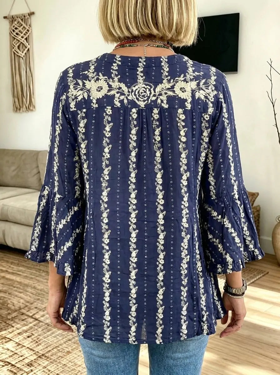 Women Casual Boho Floral Print V‑Neck Ruffle Bell 3/4 Sleeve Blouse