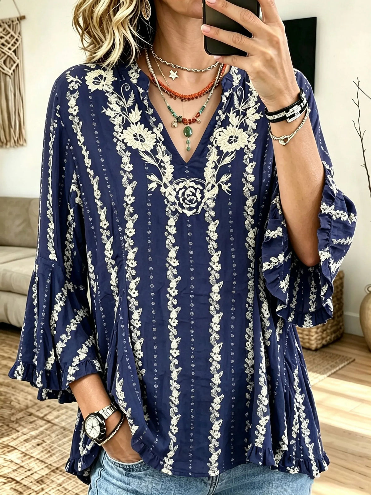 Women Casual Boho Floral Print V‑Neck Ruffle Bell 3/4 Sleeve Blouse