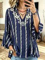 Women Casual Boho Floral Print V‑Neck Ruffle Bell 3/4 Sleeve Blouse