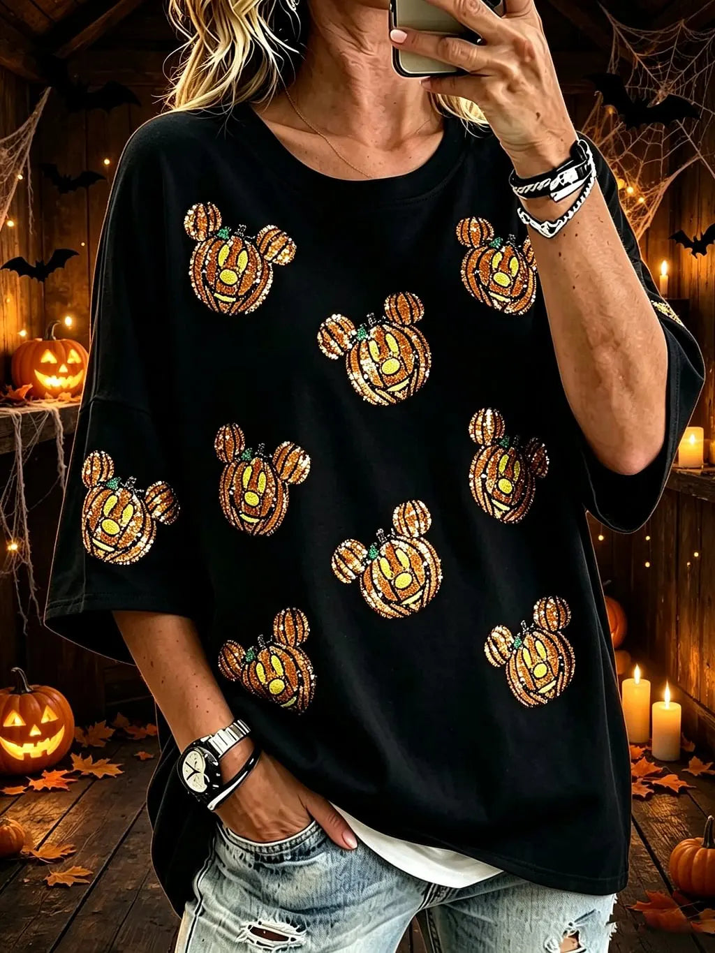 Women's Halloween Spooky Face Printed Casual Daily T-Shirts