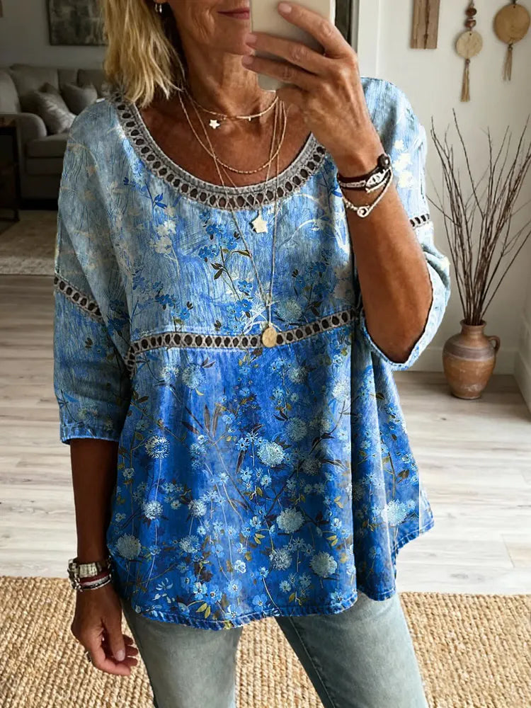 Women's Floral Pattern Art Print Casual Round Neck Lace up 3/4 Sleeve Top