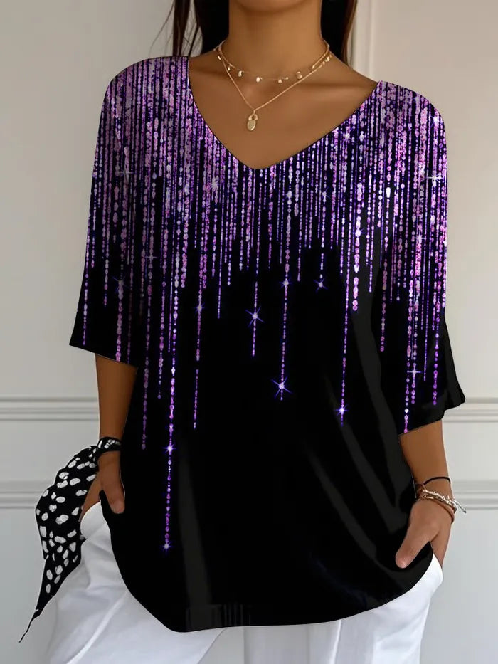 Women's Three Quarter Sleeve T-shirt Spring/Fall Black Abstract Printing V Neck Daily Going Out Casual Top