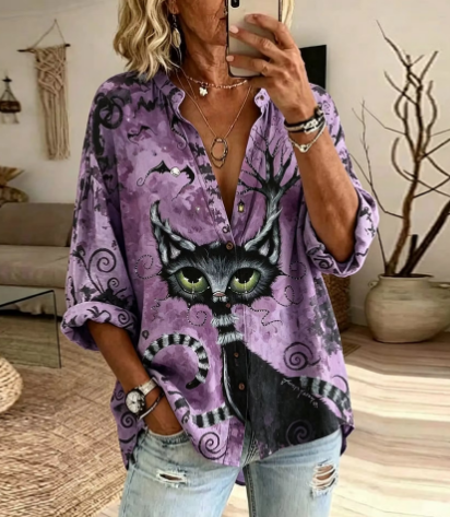 Women's Retro Halloween Black Cat Art Pattern Casual Shirt