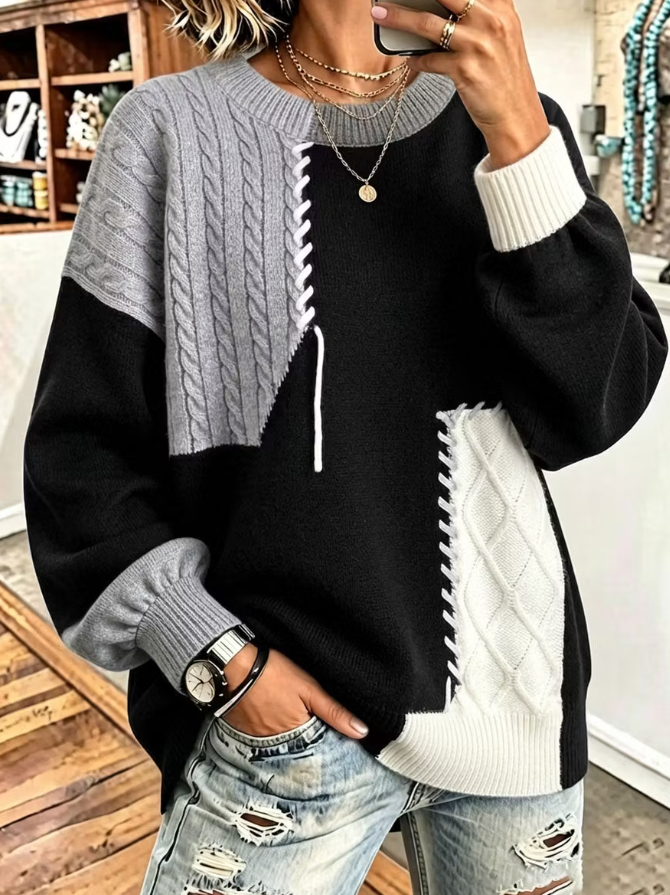 Cozy Trendy Color Block Patchwork Knit Sweater