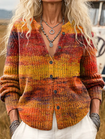 Women's Retro Art Print Casual Long Sleeve Stand Collar Knit Cardigan