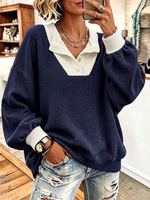 Women Cozy Contrast Polo Collar Sweater