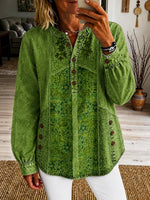 Women's Vintage Ethnic Pattern Art Print Casual Long Sleeve Washed Cotton Denim Shirt