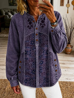 Women's Vintage Ethnic Pattern Art Print Casual Long Sleeve Washed Cotton Denim Shirt