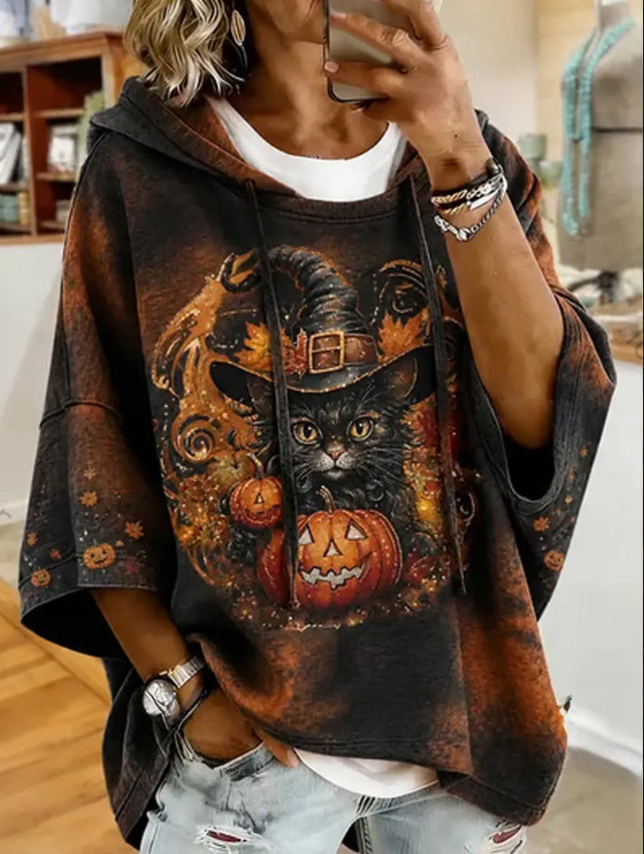 Women's Halloween Cat Print Sweatshirt