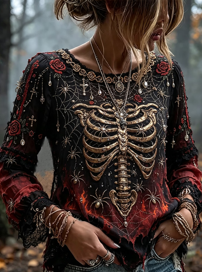 Women's Halloween Skull And Spider Art Distressed Gradient Crewneck Long Sleeve Top