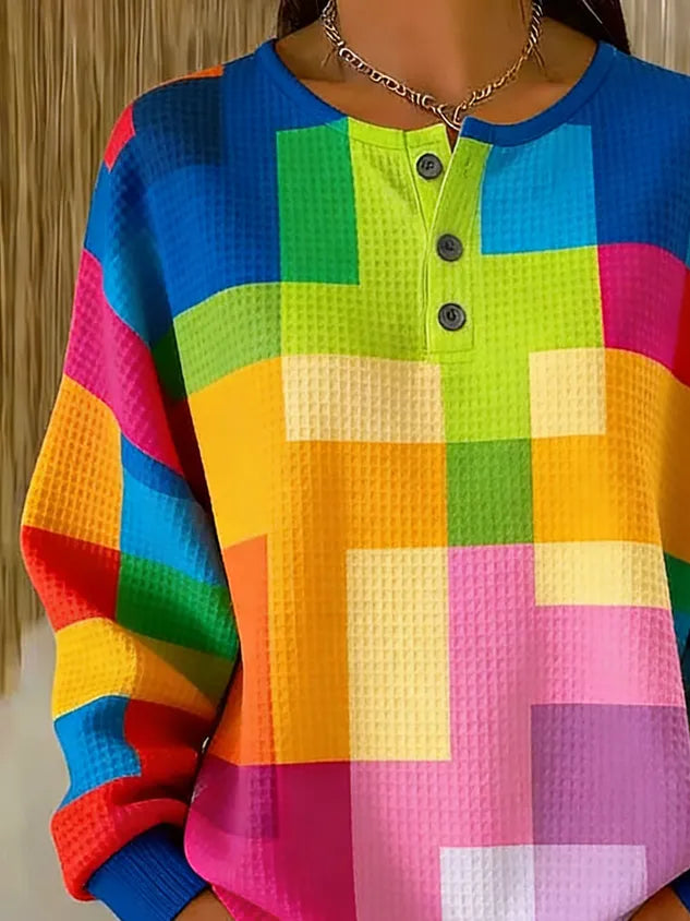 Women's Abstract Geometric Print Button-Up Casual Waffle Knit Sweatshirt