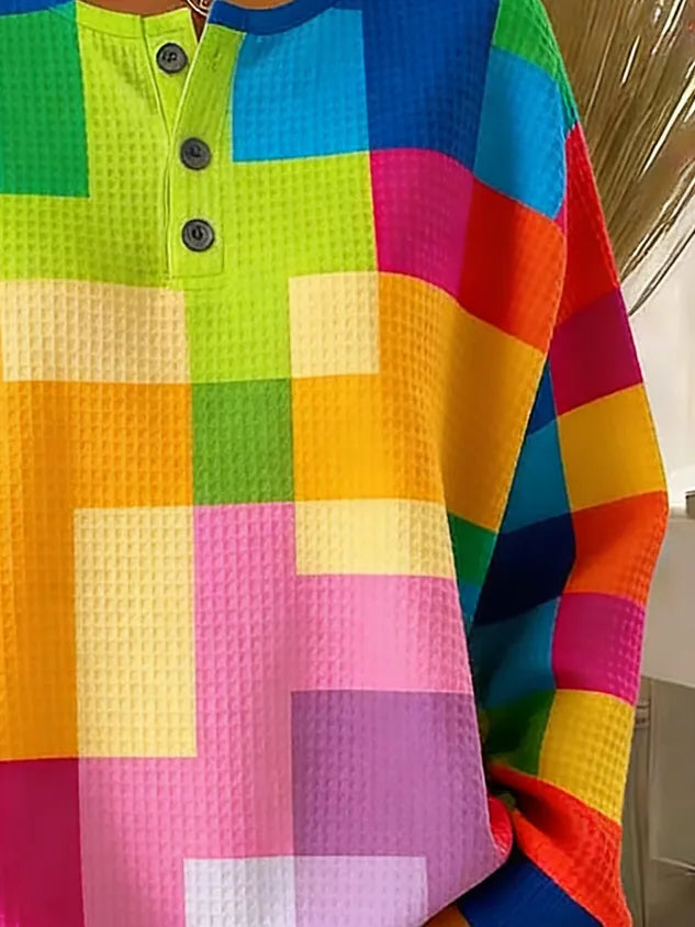 Women's Abstract Geometric Print Button-Up Casual Waffle Knit Sweatshirt