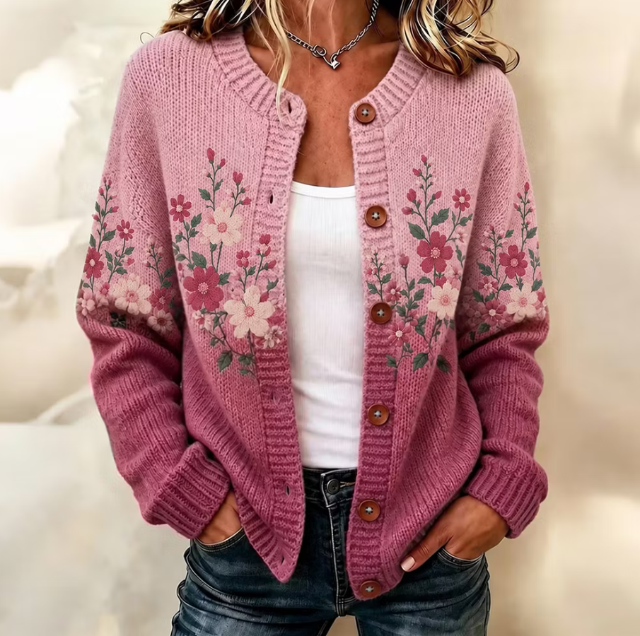 Women's Retro Floral Pattern Art Casual Knit Cardigan