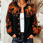 Women's Halloween Black Cat And Pumpkin Art Pattern Knit Cardigan