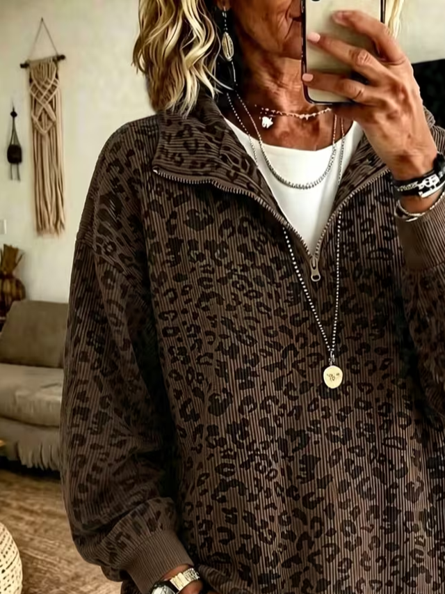 Casual Leopard Shawl Collar Long Sleeve Sweatshirt